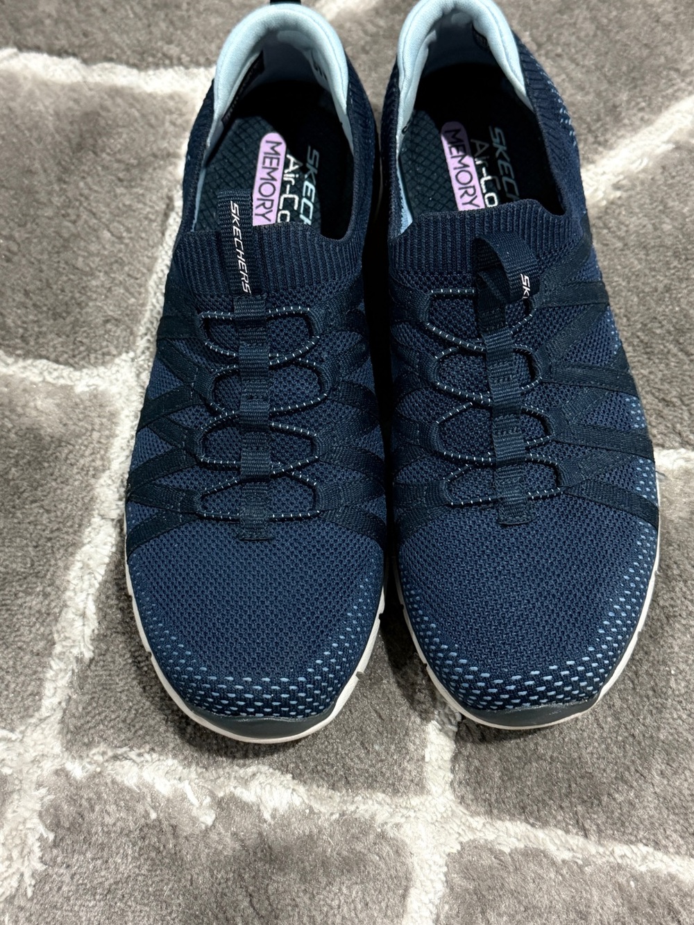 Skechers Navy and White Slip-On Knit Walking Shoes Air Coolers Memory Foam